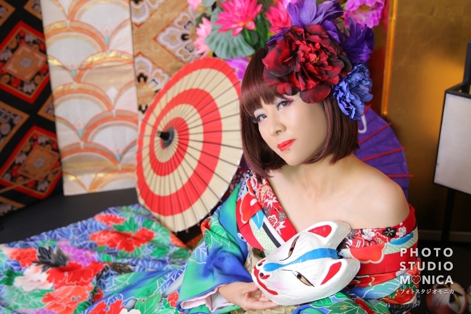ウィッグと肩見せで色っぽくキュートな現代風花魁 ギャラリー 京都の花魁体験 変身写真フォトスタジオモニカ